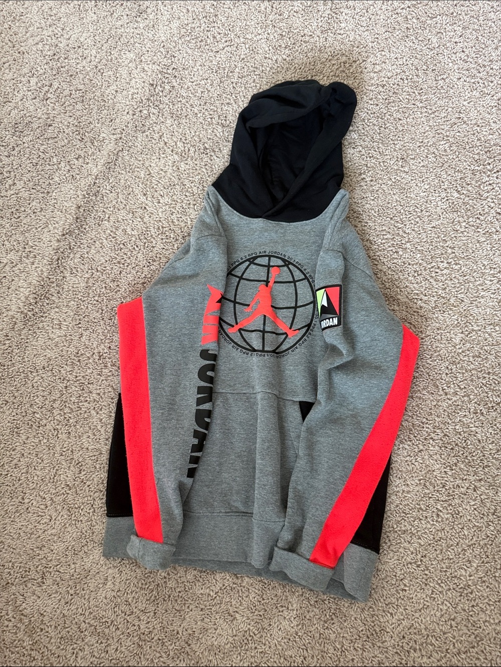 Jordan Gray Hoodie with Black Hood and Red Sleeve Stripes